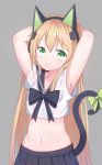  1girl absurdres animal_ears armpits arms_up bangs black_bow black_skirt blonde_hair blush bow breasts cat_ear_headphones cat_ears cat_girl cat_tail closed_mouth commentary crop_top eyebrows_visible_through_hair girls_frontline green_bow green_eyes grey_background hair_between_eyes hand_behind_head headphones highres midriff navel pleated_skirt school_uniform serafuku shirt short_sleeves simple_background skirt small_breasts solo starfox1015 tail tail_bow tmp_(girls_frontline) white_shirt 