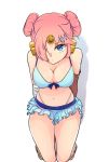  1girl arm_support bikini bikini_skirt blue_eyes breasts cleavage double_bun eyebrows_visible_through_hair fate/grand_order fate_(series) frankenstein&#039;s_monster_(swimsuit_saber)_(fate) from_above hair_over_one_eye highres horn kasoku_souchi looking_at_viewer medium_breasts navel pink_hair shadow solo swimsuit thighs white_background 