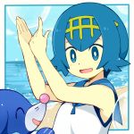  1girl beach blue_eyes blue_hair bubble cu-sith gen_7_pokemon hairband open_mouth pokemon pokemon_(creature) pokemon_(game) pokemon_sm popplio shirt short_hair sleeveless sleeveless_shirt suiren_(pokemon) trial_captain water white_shirt 