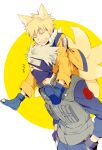  2boys animal_ears blonde_hair closed_eyes commentary_request face_mask flak_jacket forehead_protector gloves hands_in_pockets hatake_kakashi kyuubi leaning_forward long_sleeves mask multiple_boys multiple_tails naruto open_mouth open_toe_shoes orange_pants orange_shirt shirt silver_hair sitting sitting_on_person sitting_on_shoulder smile tail translation_request uzumaki_naruto whiskers xia_(ryugo) 