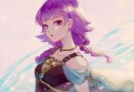  1girl bare_shoulders breasts cape dress fire_emblem fire_emblem:_seima_no_kouseki fire_emblem_heroes highres jewelry looking_to_the_side lute_(fire_emblem) necklace purple_hair rheamii short_hair solo twintails upper_body violet_eyes 