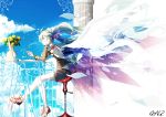  1girl ahoge aqua_eyes aqua_hair bai_yemeng blue_sky chair clouds commentary_request flower hatsune_miku headphones highres holding long_hair looking_to_the_side musical_note pillar railing shoes short_shorts shorts signature sitting sky sneakers solo table vase very_long_hair vocaloid white_wings wind wings 
