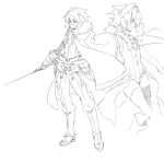  1girl astolfo_(fate) blush boots braid cape drawfag fate_(series) gauntlets genderswap genderswap_(mtf) greyscale highres holding holding_sword holding_weapon monochrome multiple_views reverse_trap sketch standing sword wavy_mouth weapon 
