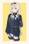  1girl absurdres an-94 an-94_(girls_frontline) assault_rifle bangs blonde_hair blue_eyes blue_jacket blue_vest blunt_bangs blush border braid buckle closed_mouth clothes_writing cowboy_shot eyebrows_visible_through_hair fingers_to_chin french_braid girls_frontline gun hair_ornament hair_ribbon hairband hairclip half-closed_eyes highres jacket kisui long_hair long_sleeves looking_at_viewer open_clothes open_jacket outside_border ribbon rifle sidelocks smile tactical_clothes thigh_strap thighs tsurime twitter_username very_long_hair vest weapon white_hair 