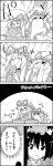  4koma animal_ears arms_up bag bow bread cat_ears chen comic commentary_request crumbs door dress eating emphasis_lines food greyscale hair_bow hat hat_ribbon highres holding long_hair mob_cap monochrome pastry ribbon shopping_bag smile tani_takeshi touhou translation_request yakumo_yukari yukkuri_shiteitte_ne 
