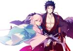  1boy 1girl abs ahoge arm_guards black_bow black_cape black_eyes black_hair blurry blurry_background bow cape collarbone commentary_request eyebrows_visible_through_hair fate/grand_order fate_(series) floating_clothes hair_between_eyes hair_bow hakama_skirt hand_on_own_chest hijikata_toshizou japanese_clothes kimono long_sleeves looking_at_viewer okita_souji okita_souji_(fate) open_clothes pink_eyes pink_hair pink_kimono sheath short_hair simple_background sword tsurime upper_body weapon white_background wide_sleeves xia_(ryugo) 