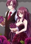  1boy 1girl bangs bare_arms bare_shoulders black_vest blush bouquet braid breasts cleavage closed_mouth collared_shirt dress flower french_braid glasses highres holding large_breasts long_hair necktie nekobaka original purple_dress purple_flower purple_hair purple_rose red_neckwear rimless_eyewear rose shirt smile standing very_long_hair vest violet_eyes wing_collar 