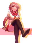  1boy alternate_eye_color arm_support arms_behind_back astolfo_(fate) badamon bangs black_legwear bow braid closed_mouth commentary crop_top drop_shadow eyebrows_visible_through_hair fate/apocrypha fate/grand_order fate_(series) feet hair_between_eyes hair_bow highres invisible_chair leg_up legs_crossed light_rays lips long_hair looking_at_viewer male_focus miniskirt neckerchief no_shoes panties pantyshot pantyshot_(sitting) pink_hair pleated_skirt raised_eyebrows red_eyes red_neckwear red_sailor_collar red_skirt sailor_collar school_uniform seamed_legwear serafuku shiny shiny_hair shirt short_sleeves sidelocks simple_background single_braid sitting skirt sleeve_cuffs smile soles solo thigh-highs toes trap underwear upskirt very_long_hair white_background white_panties white_shirt yellow_bow 