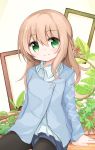  1girl bangs blonde_hair blue_shirt blush closed_mouth collared_shirt commentary_request eyebrows_visible_through_hair green_eyes hair_between_eyes leaf long_hair long_sleeves looking_at_viewer original plant shirt sitting smile solo white_background window yuuhagi_(amaretto-no-natsu) 