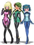  3girls @_@ absurdres blonde_hair blue_eyes blue_hair blush bodysuit covered_navel dark_skin embarrassed evangelion:_2.0_you_can_(not)_advance flower g_gundam green_eyes green_hair gundam hair_flower hair_ornament hairband hand_on_hip high_heels highres lillie_(pokemon) long_hair mallow_(pokemon) mobile_trace_suit multiple_girls neon_genesis_evangelion open_mouth plugsuit pokemon pokemon_(anime) pokemon_sm_(anime) ponytail rebuild_of_evangelion short_hair shoukin500 simple_background suiren_(pokemon) tears test_plugsuit trial_captain twintails white_background 