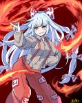  1girl absurdres artist_request baggy_pants bangs beige_shirt bow buttons collared_shirt cowboy_shot eyebrows_visible_through_hair fire fujiwara_no_mokou grin hair_bow hair_ribbon hand_up highres himajinorigin hips long_hair long_sleeves looking_to_the_side ofuda ofuda_on_clothes pants pointing red_eyes red_pants ribbon shirt shirt_tucked_in silver_hair smile solo standing suspenders touhou very_long_hair wing_collar 