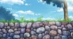  aoha_(twintail) blue_sky clouds commentary_request day grass no_humans original outdoors scenery sky stone tree 