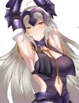  1girl ahoge armor armored_collar armpits arms_up bangs breasts chains commentary_request fate/grand_order fate_(series) forehead_protector fur_trim gauntlets gold_chain highres jeanne_d&#039;arc_(alter)_(fate) jeanne_d&#039;arc_(fate)_(all) large_breasts light_blush long_hair looking_at_viewer navel navel_cutout numaguro_(tomokun0808) partially_opened_mouth revealing_clothes silver_hair simple_background solo upper_body very_long_hair white_background yellow_eyes 