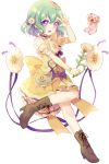  1girl :d absurdres blush boots bow brown_footwear detached_sleeves dress flower full_body green_hair hair_flower hair_ornament hand_up highres looking-at_viewer looking_at_viewer magical_daisy mahou_shoujo_ikusei_keikaku open_mouth puffy_short_sleeves puffy_sleeves purple_bow short_hair short_sleeves smile violet_eyes yellow_dress yunare 