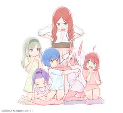  6+girls absurdres artist_name blue_eyes blue_hair child clenched_teeth commentary cushion darling_in_the_franxx dated dress eyes_visible_through_hair fighting gorgeous_mushroom green_eyes hairband hands_on_hips highres horns ichigo_(darling_in_the_franxx) ikuno_(darling_in_the_franxx) kneeling kokoro_(darling_in_the_franxx) long_hair miku_(darling_in_the_franxx) multiple_girls nana_(darling_in_the_franxx) one_eye_closed oni_horns purple_hair pushing red_eyes red_skin revision sharp_teeth short_hair simple_background sketch teeth white_background younger zero_two_(darling_in_the_franxx) 