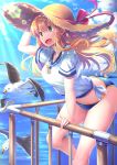  1girl bangs bikini_bottom bird blonde_hair blue_eyes breasts clouds cloudy_sky commentary_request compass hat highres jewelry large_breasts lens_flare long_hair necklace nicoby ocean open_mouth original pier railing seagull shirt sky smile solo straw_hat swimsuit tied_shirt 