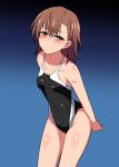  1girl bangs bare_arms bare_shoulders black_swimsuit blue_background blush body_blush breasts brown_eyes brown_hair closed_mouth collarbone competition_swimsuit covered_navel cowboy_shot eyebrows_visible_through_hair gradient gradient_background hair_ornament hairclip half-closed_eyes leaning_forward looking_at_viewer marupuni misaka_mikoto one-piece_swimsuit shiny shiny_clothes shiny_skin short_hair skin_tight small_breasts smile solo standing swimsuit thighs to_aru_kagaku_no_railgun to_aru_majutsu_no_index water_drop wet 