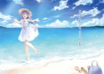  1girl :d ^_^ absurdres armpits bare_legs bare_shoulders barefoot beach blue_hair blue_sky blush braid closed_eyes clouds cloudy_sky date_a_live day dress facing_viewer full_body hair_between_eyes hair_ribbon highres long_hair ocean official_art open_mouth outdoors ribbon shoes_removed silver_hair sky smile solo takamiya_mio translation_request tsunako very_long_hair white_dress 