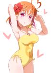  1girl :o ahoge armpits arms_up bangs bow breasts cleavage commentary_request cowboy_shot flower hair_bow hair_flower hair_ornament halterneck heart heart_ahoge kitahara_tomoe_(kitahara_koubou) looking_at_viewer love_live! love_live!_sunshine!! medium_breasts o-ring_swimsuit one-piece_swimsuit orange_hair red_eyes simple_background solo swimsuit takami_chika twitter_username white_background yellow_bow yellow_swimsuit 
