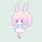  1girl animal_ears artist_name ayu_(mog) blush bunny_tail chibi closed_mouth daisy dress fishnet_pantyhose fishnets floral_print flower full_body green_background hair_flower hair_ornament legs_together lowres multicolored multicolored_eyes original pantyhose pink_footwear pink_hair puffy_short_sleeves puffy_sleeves rabbit_ears shoes short_hair short_sleeves signature simple_background solo standing tail twintails white_dress 