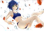 1girl absurdres bare_arms bare_legs bikini blue_bikini blue_hair blurry blush breasts collarbone darling_in_the_franxx depth_of_field feet_out_of_frame food fruit full_body green_eyes highres ichigo_(darling_in_the_franxx) looking_at_viewer midriff navel short_hair small_breasts smile solo strawberry swimsuit takenoko_27074918 underwater water 