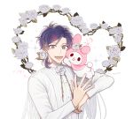  1boy :d blue_eyes character_name dated flower hair_flower hair_ornament hair_tie highres ho_nyang12 looking_at_viewer male_focus mizuno_yuu musical_note my_melody open_mouth purple_hair quaver rose sanrio sanrio_danshi smile solo sparkle thorns upper_body white_flower 