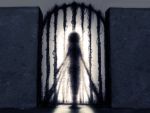  1girl backlighting commentary creepy gate hong_meiling light outdoors shirosato silhouette solo standing touhou wall 