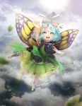  1girl 2018 antennae artist_name barefoot blush bow butterfly_wings clouds dress eternity_larva flower flying hair_flower hair_ornament leaf leaf_on_head light merry_(cranberry) mountain open_mouth outstretched_arm pink_bow ribbon river sleeveless sleeveless_dress solo sun touhou white_ribbon wings 