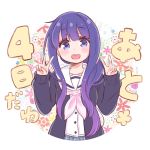  1girl blue_eyes blush cardigan check_(check_book) double_v gradient_hair hair_ornament hanayamata long_hair looking_at_viewer multicolored_hair nishimikado_tami open_cardigan open_clothes open_mouth school_uniform smile solo two-tone_hair v 