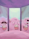  bummerdude chansey commentary creature cup different_reflection drinking_glass egg eyepatch from_behind furrowed_eyebrows gen_1_pokemon highres holding holding_drinking_glass mirror no_humans pink pink_skin pokemon pokemon_(creature) reflection 