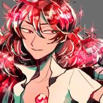  androgynous colored_eyelashes gem highres houseki_no_kuni long_hair lonom open_clothes open_shirt padparadscha_(houseki_no_kuni) red_eyes redhead smile solo sparkle upper_body 