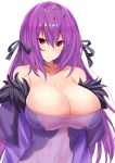  1girl bangs bare_shoulders black_ribbon blush breasts caster_(lostbelt) cleavage collarbone covered_navel dress eyebrows_visible_through_hair fate/grand_order fate_(series) fur_trim hair_between_eyes hair_ribbon headpiece highres huge_breasts long_hair looking_at_viewer purple_dress purple_hair red_eyes ribbon sankakusui shiny shiny_skin simple_background solo tiara upper_body waist white_background 