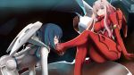  aqua_eyes bangs blue_hair bodysuit breasts darling_in_the_franxx eyebrows_visible_through_hair eyeshadow feet garimpeiro hairband highres horns ichigo_(darling_in_the_franxx) kneeling licking makeup pilot_suit pink_hair red_bodysuit short_hair sitting small_breasts smile straight_hair tongue tongue_out white_bodysuit white_hairband yuri zero_two_(darling_in_the_franxx) 