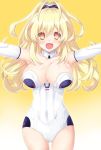  1girl bare_shoulders blonde_hair blush breasts cleavage collar elbow_gloves eyebrows_visible_through_hair gloves iwasi-r kami_jigen_game_neptune_v large_breasts leotard long_hair neptune_(series) open_mouth orange_eyes power_symbol smile solo symbol-shaped_pupils yellow_heart 