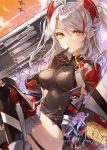  1girl aircraft airplane antenna_hair azur_lane bangs breasts buttons cannon closed_mouth clouds collar evening expressionless eyebrows_visible_through_hair finger_to_mouth garter_straps gloves hair_between_eyes iron_cross kim_eb knees_up large_breasts long_hair looking_at_viewer machinery military military_uniform multicolored_hair orange_sky prinz_eugen_(azur_lane) redhead rigging side_cutout sidelocks silver_hair sky solo sparkle splashing streaked_hair swept_bangs thigh-highs thighs turrets two_side_up uniform water_drop 