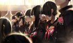  3boys 4girls bangs black_hair black_jacket black_sailor_collar black_shirt blurry blurry_background blurry_foreground clenched_teeth closed_eyes commentary_request crying crying_with_eyes_open day depth_of_field flower gakuran graduation hair_between_eyes hair_over_eyes highres indoors jacket long_hair looking_away multiple_boys multiple_girls neckerchief open_mouth original parted_lips pink_flower pink_rose red_neckwear rose sailor_collar school_uniform serafuku shirt sunlight tears teeth wiping_tears yuzua 