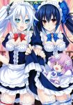  3girls absurdres alternate_costume apron bare_shoulders black_hair black_heart blue_eyes breasts character_doll cleavage frills hair_ornament highres long_hair looking_at_viewer maid maid_apron maid_headdress multiple_girls neptune_(choujigen_game_neptune) neptune_(series) noire official_art puffy_sleeves red_eyes ribbon sample smile symbol-shaped_pupils tsunako twintails very_long_hair waist_apron white_hair 