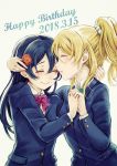  2girls ayase_eli bangs birthday blazer blonde_hair blue_hair blush bow bowtie closed_eyes commentary_request dated eyebrows_visible_through_hair flower green_neckwear hair_between_eyes hand_holding happy_birthday highres interlocked_fingers jacket long_hair long_sleeves looking_at_viewer love_live! love_live!_school_idol_project multiple_girls necktie otonokizaka_school_uniform ponytail red_neckwear school_uniform scrunchie simple_background smile sonoda_umi striped_neckwear suito white_background 