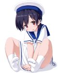 1girl :d bangs between_legs black_hair blue_sailor_collar blush brown_eyes commentary_request cross_hair_ornament dd_(ijigendd) dress eyebrows_visible_through_hair full_body hair_ornament hand_between_legs hat hiburi_(kantai_collection) highres kantai_collection long_hair no_shoes open_mouth panties sailor_collar sailor_dress sailor_hat short_sleeves sitting smile socks soles solo underwear white_background white_dress white_hat white_legwear white_panties 