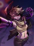  1girl agent_black belt brown_eyes brown_hair commentary_request cowboy_shot glowing glowing_eye mechanical_arms midriff mine-strone pants scarf solo spoiler_check spoilers tank_top the_iconoclasts veins 