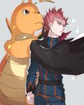  1boy black_cape cape claws clenched_hand closed_mouth commentary_request dragonite floating_cape gen_1_pokemon grey_asa grey_background grey_eyes highres imitating jacket lance_(pokemon) looking_to_the_side male_focus pants pink_hair pokemon pokemon_(creature) pokemon_(game) pokemon_hgss popped_collar short_hair simple_background spiky_hair 