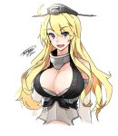  1girl artist_name blonde_hair blush breasts cleavage commentary iowa_(kantai_collection) kantai_collection large_breasts long_hair signature simple_background solo tachibana_roku upper_body violet_eyes white_background 