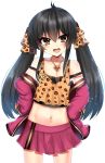  1girl animal_print bangs bare_shoulders black_hair blush breasts cleavage collarbone eyebrows_visible_through_hair groin hair_ribbon hands_on_hips heart heart_necklace highres idolmaster idolmaster_cinderella_girls jacket jewelry leopard_print long_hair long_sleeves looking_at_viewer matoba_risa midriff miniskirt navel necklace off_shoulder open_mouth pink_jacket pink_skirt ribbon risaiziz sidelocks simple_background skirt small_breasts smile solo standing strap_slip tsurime twintails very_long_hair white_background yellow_eyes 