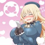  1girl atago_(kantai_collection) beret black_gloves blonde_hair blush breasts closed_mouth gloves gradient gradient_background happy hat heart heart_background huge_breasts kantai_collection long_hair pink_background roah solo speech_bubble wavy_mouth 