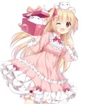  1girl ;d animal animal_on_head blonde_hair blush bow box brown_eyes cat cat_tail dress frilled_dress frills hair_bow hand_up long_hair looking_at_viewer on_head one_eye_closed open_mouth original pink_bow pink_dress smile standing tail verjuice 