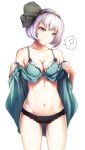  1girl :o ? bangs bare_arms bare_shoulders black_bow black_panties black_ribbon blush bow bow_panties breasts cleavage clothes_lift collarbone commentary_request cowboy_shot eyebrows_visible_through_hair gluteal_fold green_eyes groin hair_ribbon hands_up head_tilt highres konpaku_youmu legs_apart lifted_by_self looking_down mayonaka_taruho medium_breasts midriff navel open_mouth panties ribbon short_hair silver_hair simple_background solo spoken_question_mark standing stomach touhou underwear white_background 