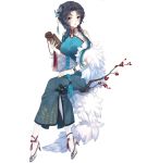  1girl bangs black_hair blue_dress blue_hair blush braid branch breasts china_dress chinese_clothes dress earrings fingernails full_body gradient_hair grey_legwear hair_ornament high_heels highres holding jewelry large_breasts legs_crossed long_hair looking_at_viewer miemia multicolored_hair nail_polish noah_fantasy official_art pantyhose parted_bangs parted_lips pink_eyes pink_nails simple_background sitting smile solo tassel white_background white_legwear wristband 