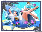  1girl arm_behind_head arm_up bangs bare_arms bare_legs barefoot beach blue_bow blue_dress blue_eyes blue_hair blue_hawaii blue_sky bow cirno clouds cocktail_umbrella collared_shirt cup day detached_wings dress drink drinking_straw facing_away fairy flat_chest flower full_body grin hair_bow holding holding_cup ice ice_cube ice_wings leaf morning_glory outline outstretched_arm palm_tree pink_flower puffy_short_sleeves puffy_sleeves red_ribbon ribbon rikuo_(whace) shirt short_hair short_sleeves sky smile solo sunflower tan tanned_cirno teeth touhou tree tropical_drink undershirt white_outline white_shirt wings yellow_flower 