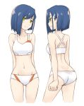  1girl blue_hair blush commentary_request darling_in_the_franxx eyebrows_visible_through_hair facing_viewer from_behind green_eyes hair_ornament hairclip highres ichigo_(darling_in_the_franxx) looking_away midriff multiple_views navel no_shirt open_mouth panties short_hair simelu smile sports_bra standing stomach underwear white_background white_panties 