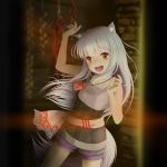  1girl animal_ears belt colored_eyelashes eyebrows_visible_through_hair hands_up highres long_hair myuri_(spice_and_wolf) open_mouth pouch red_eyes shorts silver_hair sleeveless smile solo spice_and_wolf suzupom tail wolf_ears wolf_tail 
